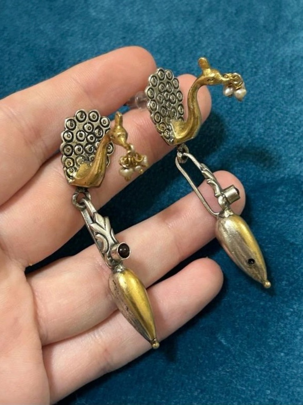 Peacock Drop Earrings in Gold & Silver Tones